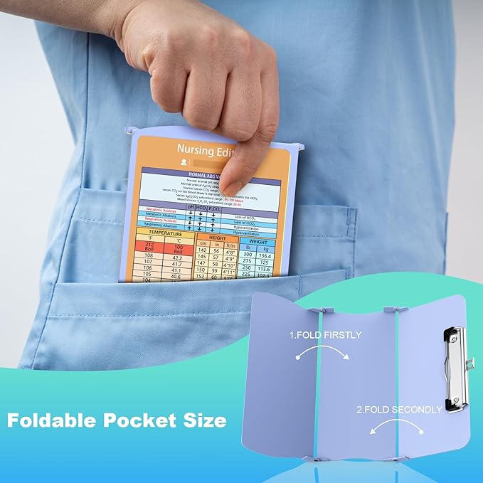 Nursing Clipboard Foldable Aluminum, 3 Layers Foldable with Edition Cheat Sheets, Trifold Nurse Clipboard Pocket Size, Nursing Essentials for Nurses Students, Blue