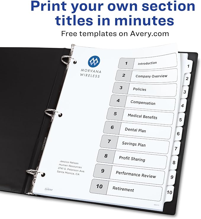 Avery Dividers for 3 Ring Binders, 10 Tabs per Set, Customizable Table of Contents, Classic White Tabs, Great for Organizing Reports, Projects, and More (6 Sets of 11823)