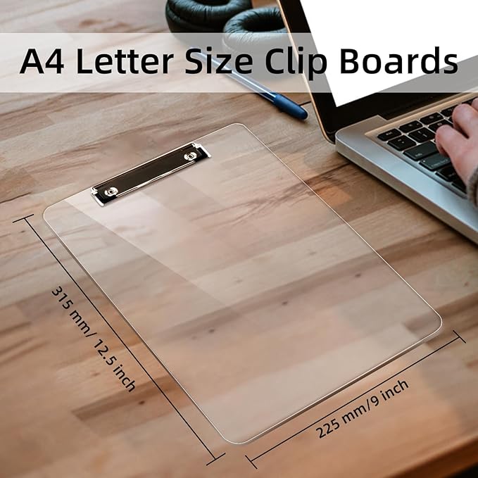 2 Pack Plastic Clipboards, A4 Acrylic Clear Board 8.5x11 for Classroom, Students, Transparent Letter Size 9" x 12.5" with Low Profile Clip, Office & School Supply