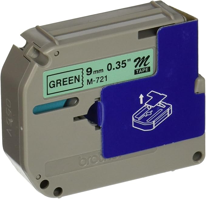 Brother Genuine P-touch M-721 Label Tape 3/8" (0.35") Standard Laminated P-touch Tape, Black on Metallic Green Laminated for Indoor or Outdoor Use, Water Resistant, 26.2 Feet (8M), Single-Pack (M721)