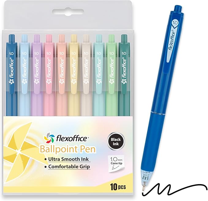 10-Count Retractable Ballpoint Pens, Black Ink, Medium Point 1.0mm, Pastel Color Barrels with Soft Contoured Grip|Christmas Gifts for Coworkers, Teachers, Friends