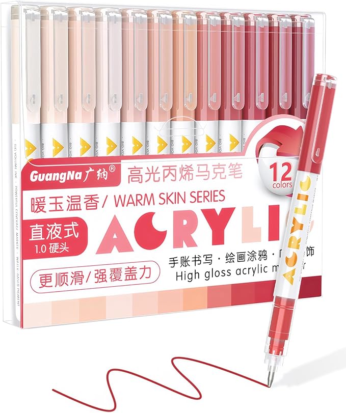 Guangna Pink Acrylic Gel Pens 12 Color, Colored Pens for Journaling, Coloring Books, Calligraphy, Note Taking & DIY Crafts, RollerBall Pen Tip