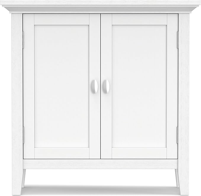SIMPLIHOME Redmond Storage Cabinet - 32 inch Wide Solid Wood 2-Shelf Low Storage Cabinet in White, Transitional Accent Cabinet for Entryway with Adjustable Shelves and Tapered Legs