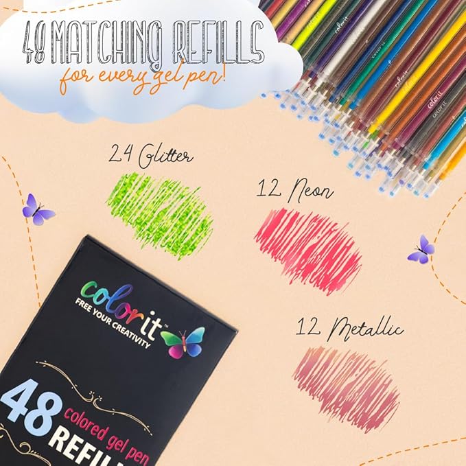ColorIt Gel Pens for Adult Coloring – 96 Pack with 48 Premium Gel Pens & 48 Refills with 1 Travel Case - Vibrant Colors for Journaling, Writing, Coloring Books for Adults, and Creative Projects