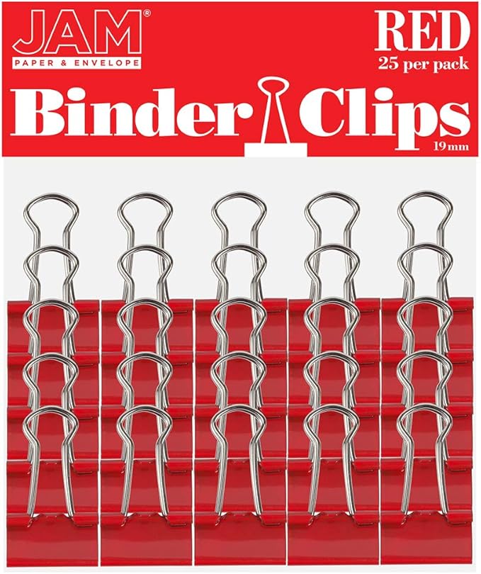 JAM PAPER Colorful Binder Clips - Small - 3/4 Inch (19 mm) - Red Binderclips - 25/Pack