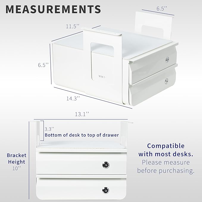 VIVO 13 inch Under Desk Double Stacked Slide Out Drawers with Lock, Secure Home Office Storage Organizer, White, DESK-AC03L-2W