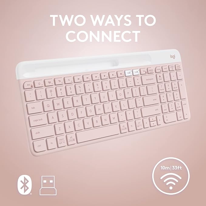 Logitech K585 Multi-Device Slim Wireless Keyboard, Built-in Cradle for Device; for Laptop, Tablet, Desktop, Smartphone, Win/Mac, Bluetooth/Receiver, Compact, Easy Switch, 24 Month Battery - Rose