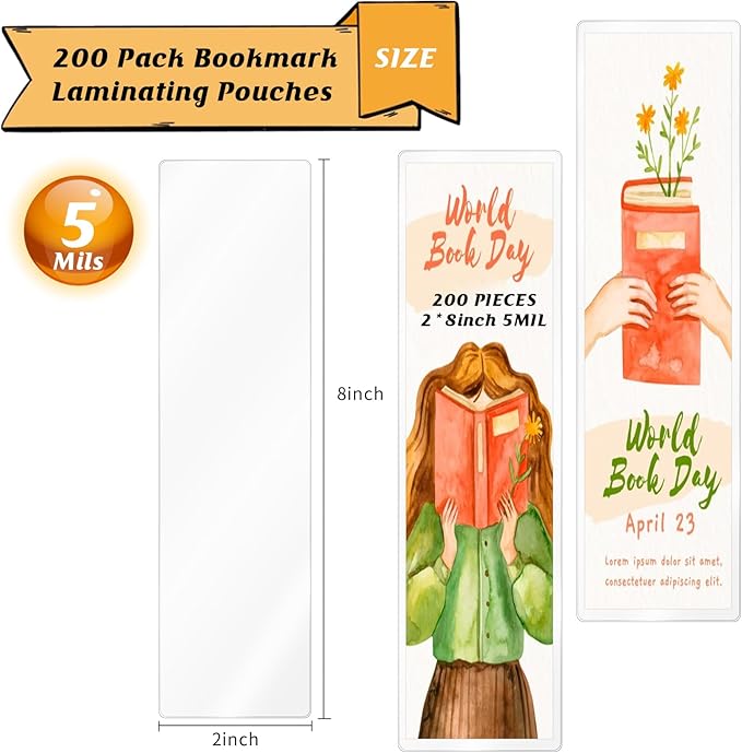 200Pcs Bookmark Laminating Pouches 2x8inch Hot Laminator Sleeves 5 Mil Compatible with Most Pouch Laminating Machines for Book Lovers Nature Lovers