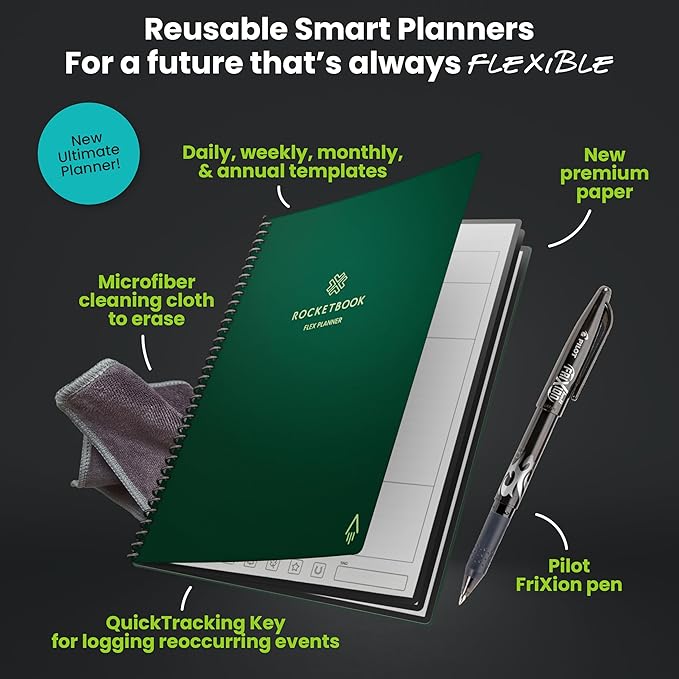 Rocketbook Flex Reusable Planner, Smart Undated, Daily, Weekly, Monthly, Annual Calendar Templates, Executive Size 6X8.8, Green (Pack of 1)