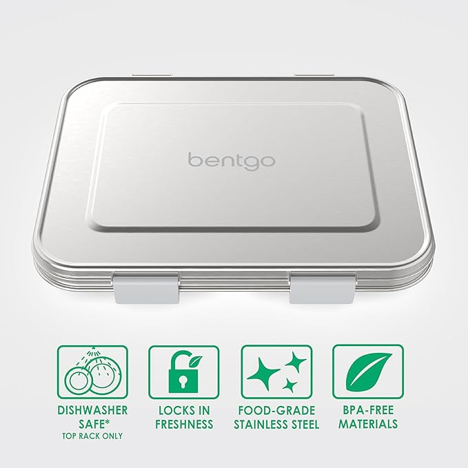 Bentgo Kids Stainless Steel Leak-Resistant Lunch Box - 3-Compartments with Bonus Silicone Container, Durable, Eco-Friendly, Dishwasher Safe, BPA-Free, Ideal for School, Ages 3+ (Silver)