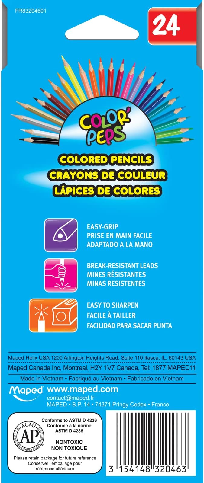 Maped Helix USA - Color'Peps Triangular Colored Pencils, 24 Pack - Art Project Creation - Vibrant Colors - Quality Art Supplies for Professionals and Hobbyists