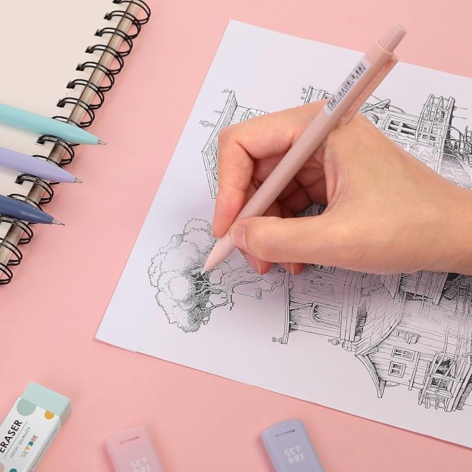SKYDUE Cute Mechanical Pencils Set, 0.5mm & 0.7mm Mechanical Pencils, 360PCS HB Lead Refills, 4PCS Pastel Erasers, Pastel Aesthetic School Supplies for Writing, Drawing and Sketching