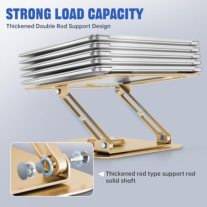Laptop Stand for Desk, Adjustable Computer Stand with 360° Rotating Base, Ergonomic Laptop Riser for Collaborative Work, Foldable & Portable Laptop Stand, fits for All 10-16" Laptops (Gold)