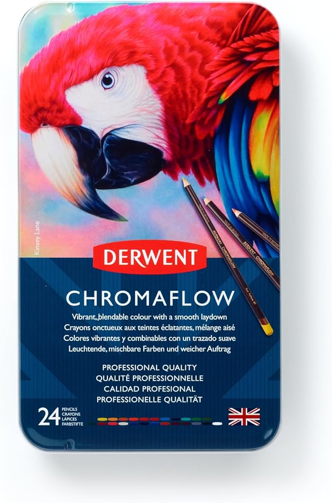 Derwent Chromaflow Colored Pencils Tin, Set of 24, Great for Holiday Gifts, 4mm Wide Core, Multicolor, Smooth Texture, Art Supplies for Drawing, Blending, Sketching, Professional Quality (2305857)