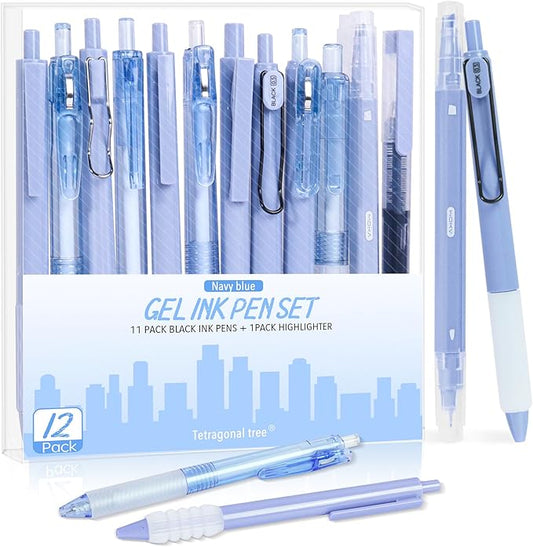 12Pcs Gel Pens Set, 11 Black Ink Pens, 1 Highlighter, Retractable 0.5mm Fine Point Pens for Office School (Navy Blue)