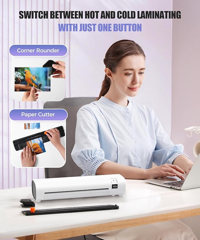 9 Inch Portable Laminator Machine with Anti-Jam Tech, All-in-One A4 Thermal Laminator w/Trimmer & Corner Rounder for Home, Office, School, Business, 40 Sheets Included（White）