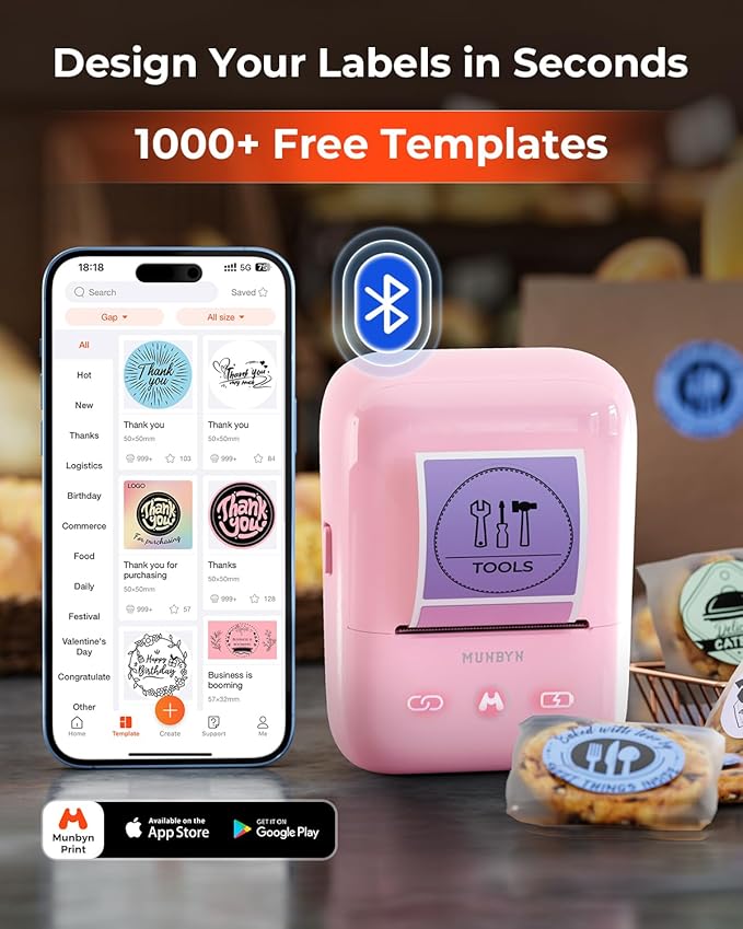 MUNBYN 5-in-1 Label Maker Machine – Bluetooth Thermal Label Printer for Stickers & Barcodes, App-Connected, Multiple Templates, No Subscription, Portable for Small Business, Home&Crafts, Pink