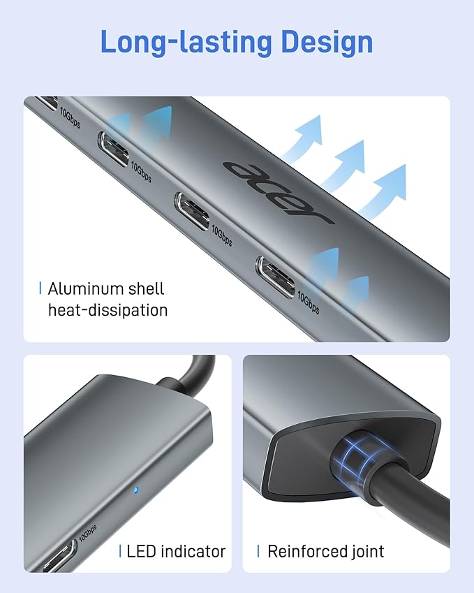 Acer USB C Hub, 10Gbps Type C Splitter with 4 USBC 3.2 Port, High Speed Type C Multiport Adapter for iPad MacBook Pro, iPhone 16/15, Surface Pro and More【Not Support Monitor or Charging】
