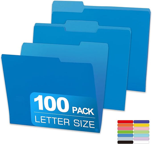 Colored File Folders,100 Packs Blue File Folders,Two Tone Color File Folder 8.5 x 11 Inch,1/3 Cut Tabs Letter Size,Manila File Folders for Office,School and Home,Organization