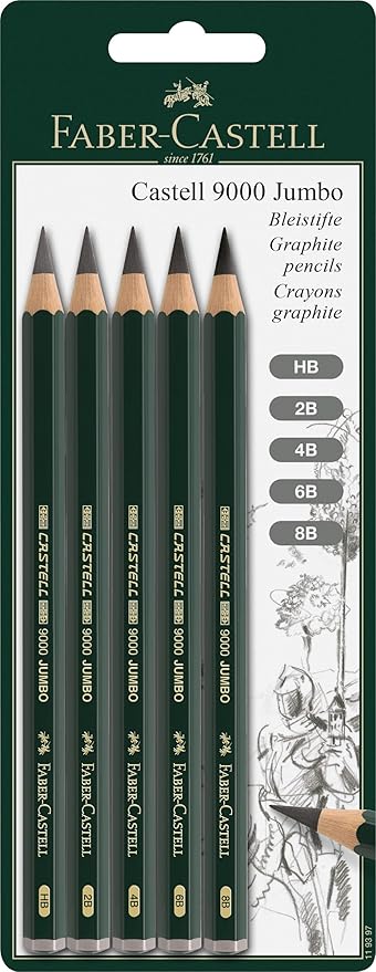 Faber-Castell 5 Piece Quality Castell 9000 Jumbo Graphite Pencils Blister Card Set, Including HB, 2B, 4B, 6B and 8B (119397)
