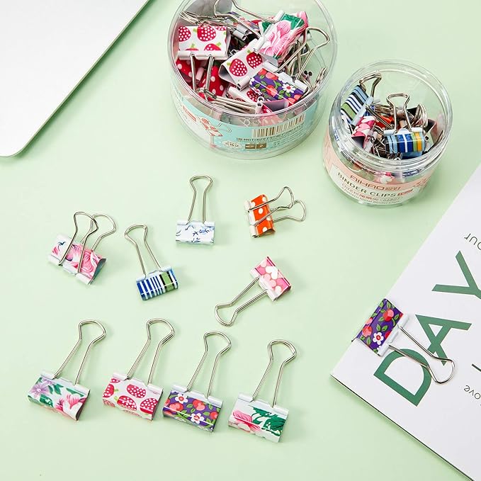 Outus 48 Pcs Cute Binder Clips with Box 2 Sizes Floral Office Clips Supplies Assorted Designs Colorful Printing Small Mini Decorative Binder for Paper Notebooks Office Home 0.75 Inch 1 Inch