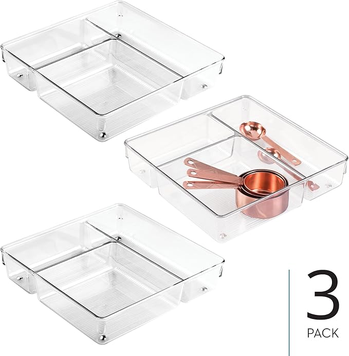 iDesign 3-Section Drawer Organizer for Kitchen, Bathroom, and Desk Drawers - Set of 3 - Clear