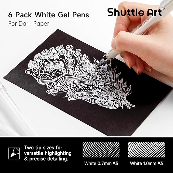 Shuttle Art White Gel Pens, 6 Pack 0.7mm, 1.0mm Gel Ink Pens Fine Point for Black Paper Highlighting Card Making Scrapbooking Coloring Writing Drawing Journaling Note Taking School Office Home