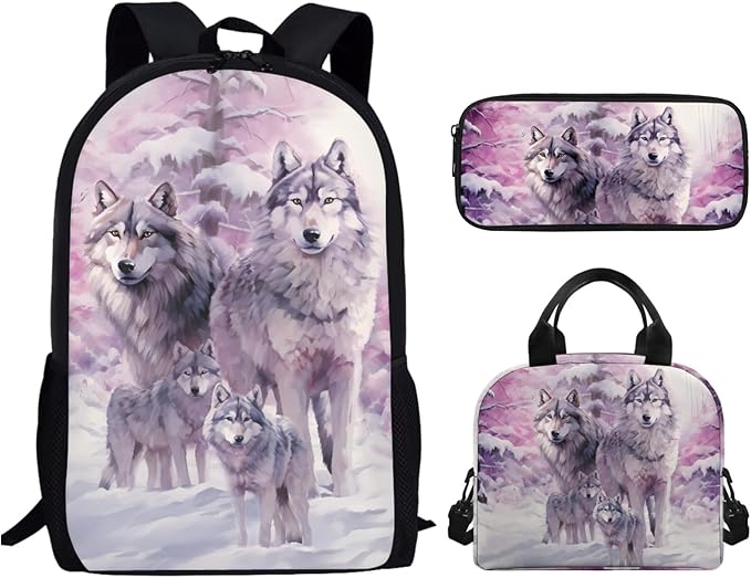 Galaxy Wolf Kids School Bookbag for Boys with Lunch Box Pencil Case, Lightweight Boys Backpack for School Large Kids Book Bag for Elementary Middle School Student, Purple