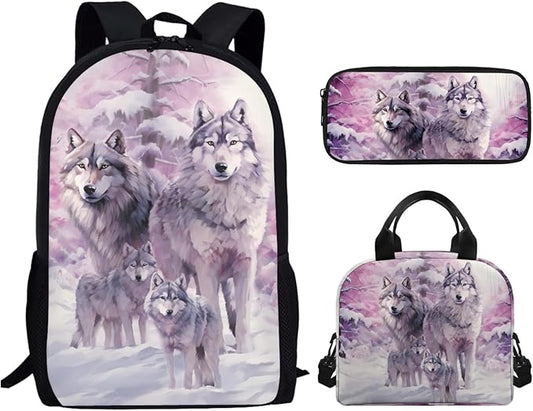 Galaxy Wolf Kids School Bookbag for Boys with Lunch Box Pencil Case, Lightweight Boys Backpack for School Large Kids Book Bag for Elementary Middle School Student, Purple