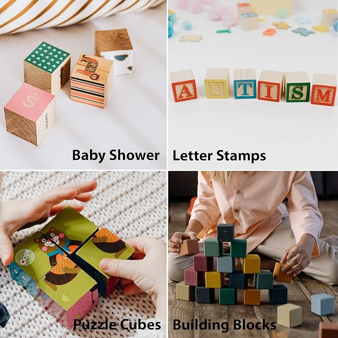 Wooden Blocks for Crafts 3/4 inch, 100PCS Small Unfinished Solid Wood Cubes Blank Natural Wood Square Blocks for Crafting, Baby Shower Decor, DIY Projects, Puzzle Making, Alphabets, Stamps