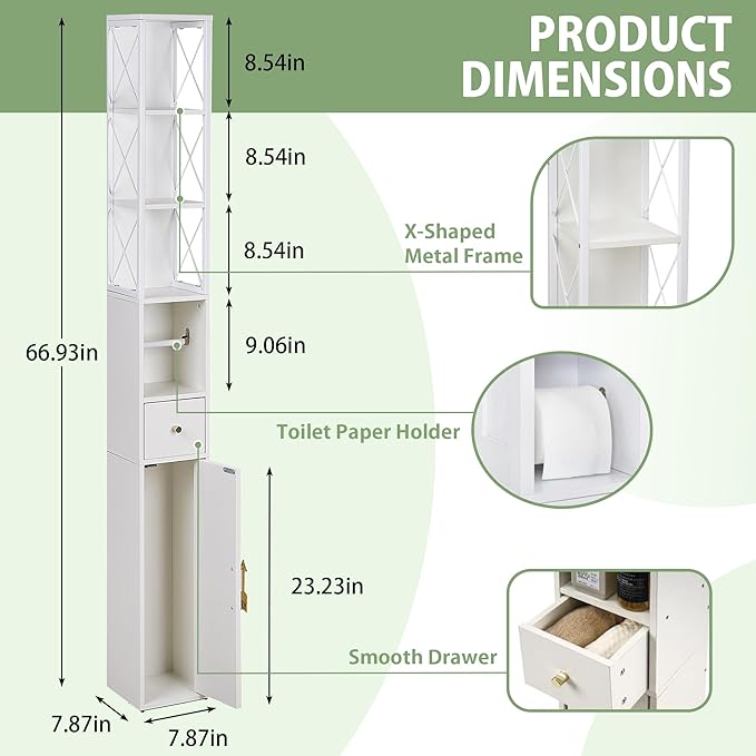 VECELO Narrow Bathroom Storage Cabinet with X-Frame Metal Design, 67" Tall Freestanding Cabinet with Toilet Paper Holder, Slim Tower Cabinet with Magnetic Door & Drawer, for Small Spaces, White