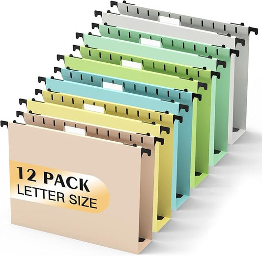 Extra Capacity Plastic Hanging File Folder,12 Pack Reinforced Hang Folders Letter Size,Heavy Duty 2 Inch Expansion,Filing Cabinet Folders,for Bulk Files, Medical Charts, Pastel Colors
