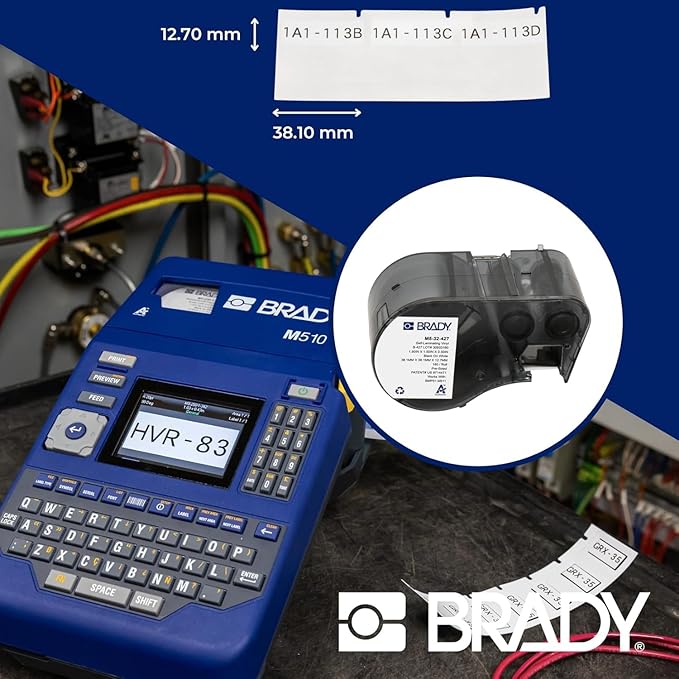 Brady Authentic (M5-32-427) Self-Laminating Vinyl Wrap Around Labels 1.5" H x 1.5" W Black on White, Clear, 180 Labels. for use with The BMP51 and M511 Label Printers