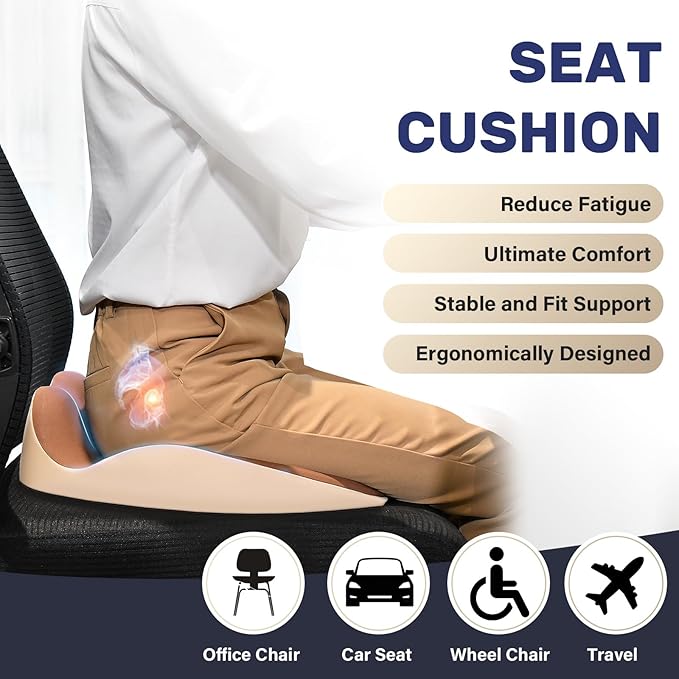 Coverado Car Seat Cushion with Memory Foam, Ergonomic Driving Seat Cushion Back Pain Relief, Thickness: 4.31 inches Non-Slip Washable Cushion for Car, Driver, Office, Wheelchair