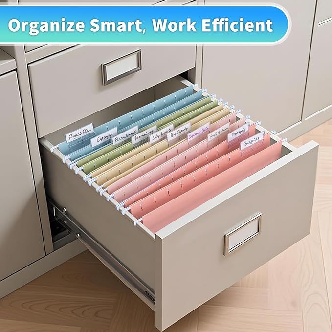 25-Pack Pastel Hanging File Folders, Letter Size with 1/5-Cut Tabs, 35 Transparent Label Cards, 50 Sticker Labels–Home Office & Filing Cabinets