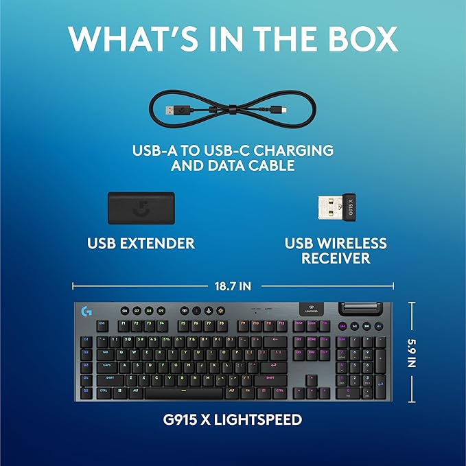 Logitech G915 X Lightspeed Low-Profile Wireless Gaming Keyboard, Double-Shot PBT Keycaps, Fully Programmable Keys, RGB Backlighting, Sleek Aluminum Finishing, GL Blue Clicky Switches - PC/Mac - Black