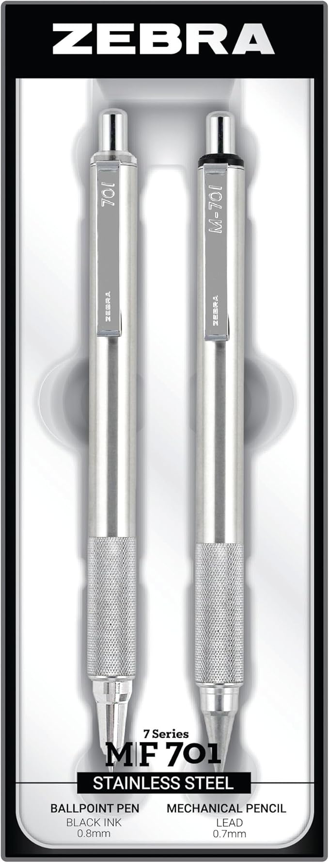 Zebra Pen M/F 701 Stainless Steel Mechanical Pencil and Ballpoint Pen Set, Fine Point, HB Lead and Black Ink, Ideal for Tactical Use, 2-Pack Gift Set (10519)