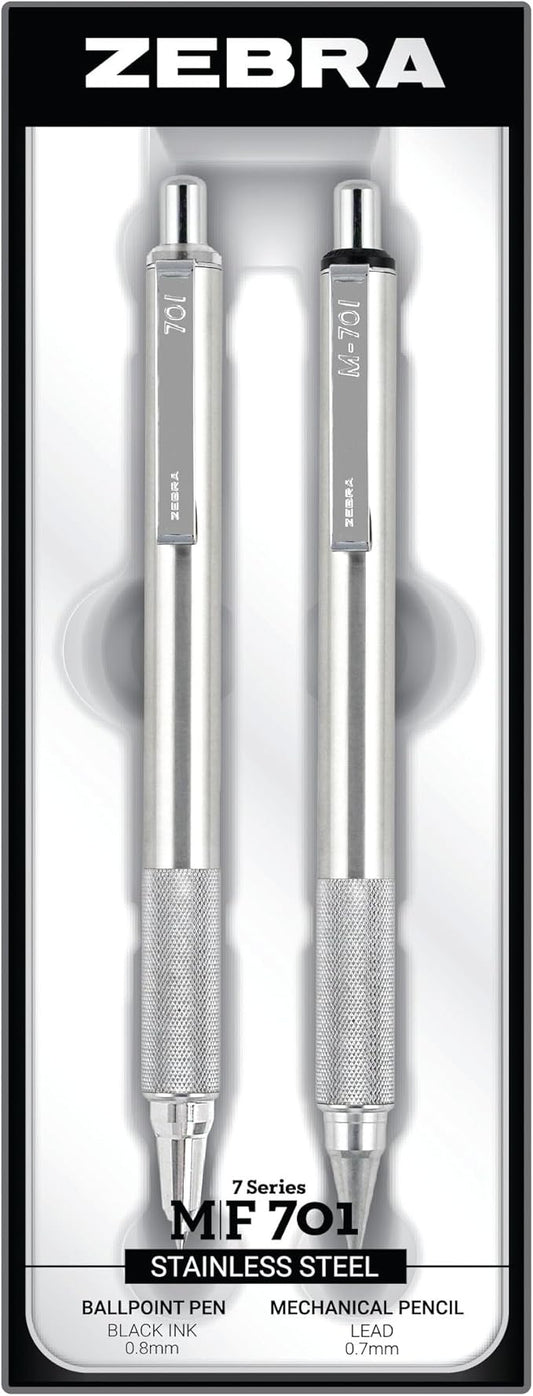 Zebra Pen M/F 701 Stainless Steel Mechanical Pencil and Ballpoint Pen Set, Fine Point, HB Lead and Black Ink, Ideal for Tactical Use, 2-Pack Gift Set (10519)