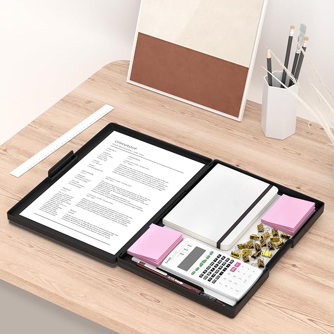 Rimilak Plastic Clipboard with Storage, Side Opening with 2 Compartment, Size 13.3 x 9.4 x 1.5 Heavy Duty High Capacity Nursing Box for Work School & Office Supplies, Black