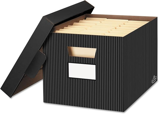 Bankers Box 4-Pack Pinstripe Design, Medium Duty File Storage Boxes with Lids, FastFold Assembly, Letter/Legal, STOR/FILE, (0029803)
