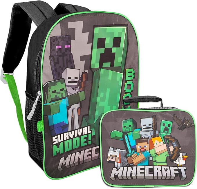 Minecraft Backpack and Lunch Box Set - Bundle of School Supplies with Backpack, Lunch Bag, Water Bottle, Stickers, and More for Kids