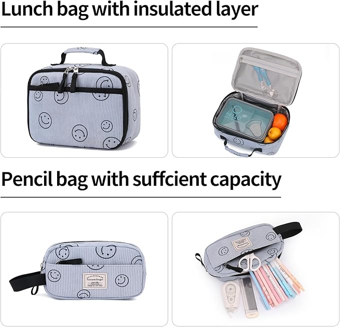 Backpack for Girls Boy Teen Corduroy Bookbags Elementary Middle High School Women Laptop Bag with Lunch Box Pencil Bag (Smile Blue)