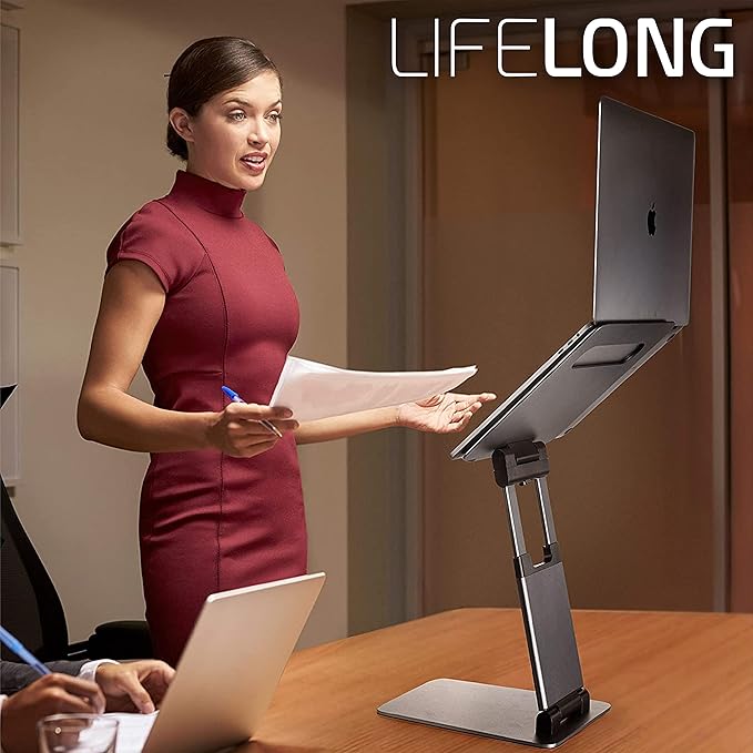 Laptop Stand for Desk, Ergonomic Sit to Stand Laptop Holder Convertor, Adjustable Height from 2.1" to 13.8", Supports up to 22lbs, Compatible with MacBook, All Laptops Tablets 11-17" - Silver