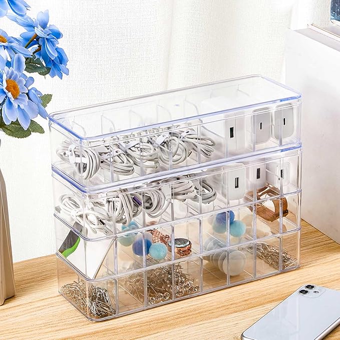 Tatuo 12 Pcs Cable Organizer Box with Wire Ties, Plastic Cord Storage Box with Lid, Electronics Organizer for Home Office Desk Organizers and Accessories (Clear)
