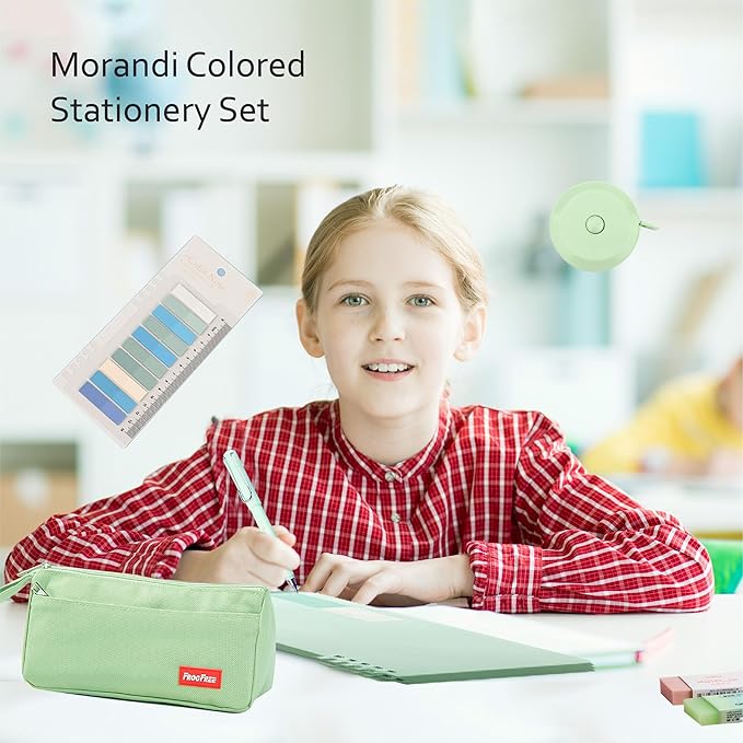 45PCS Morandi Color School Supplies Set with Notebook, Gel Ink Rollerball Pens, Pencil Cas, ID Badge Holder, fluorescent pens,Pencil, Erasers, Clip, tape measure, pen core