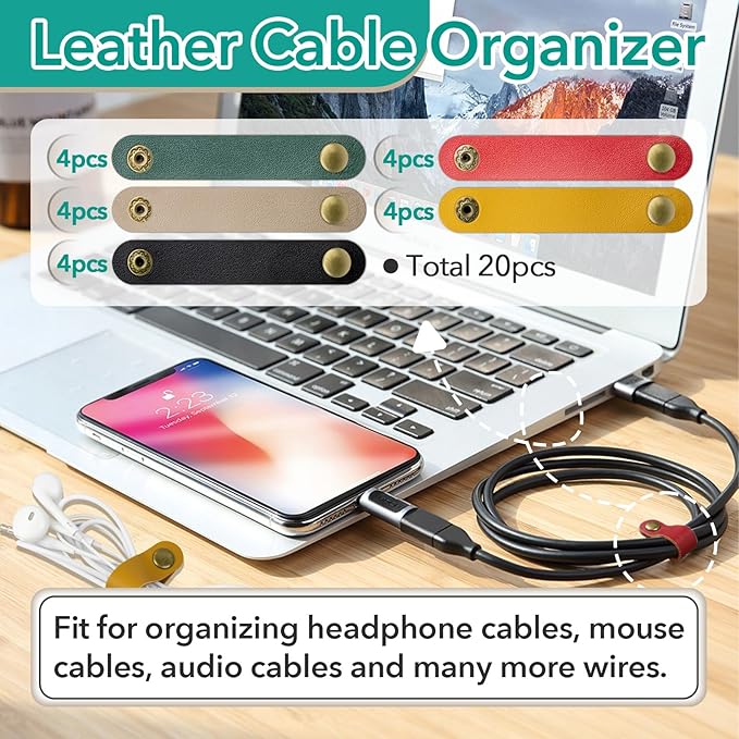 20 Pcs Leather Cord Organizer - Multiple Colors Leather Cable Straps Cord Organizer for Charging Cords, Reusable Cable Clips Leather, Multipurpose Leather Wire Cable Ties(5 Colors)
