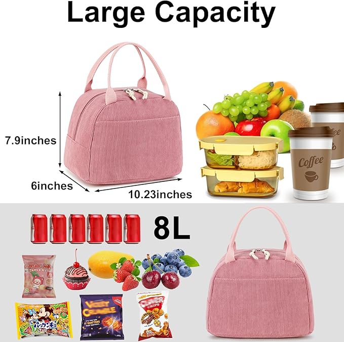 LEDAOU Lunch Box for Women Insulated Lunch Bag Corduroy Lunch Tote Bags Leakproof Cooler Lunch Case for Travel Work Picnic