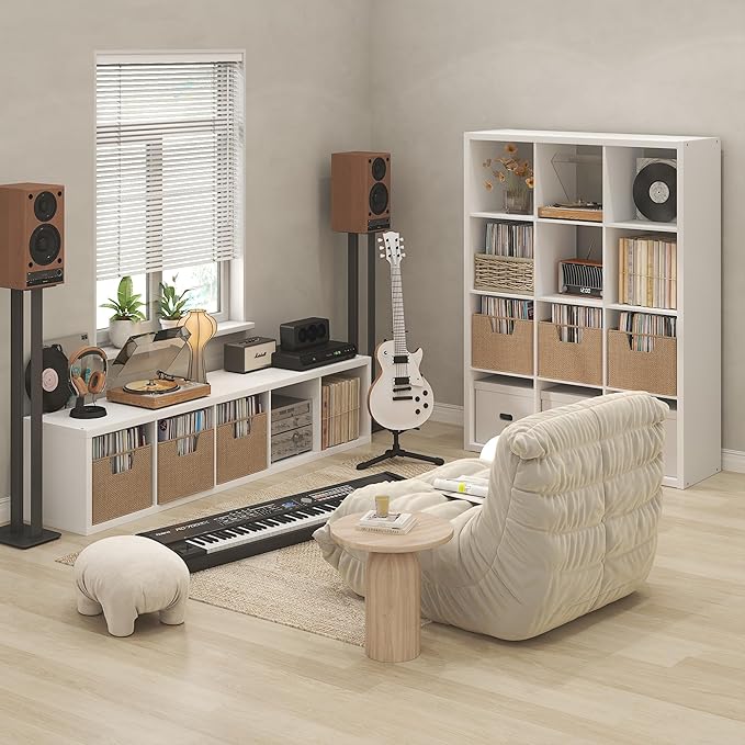 Furinno Cubicle Record Player Stand with Vinyl Storage, 5-Cube 1.2 Extra Thick Vinyl Record Storage, Open Back Media Shelf for CD DVD Blueray Game Disc, for Living Room, Home Office, White