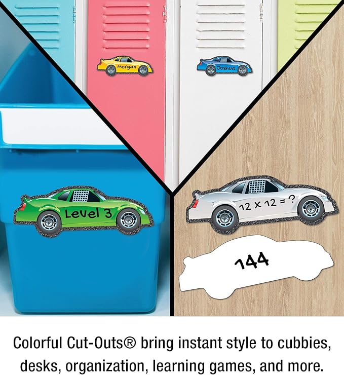 Carson Dellosa 36-Piece Race Car Cutouts, Colorful Cardstock Car Decor for Bulletin Board, Name Tags, Posterboard, NASCAR Themed Classroom, Party, and Locker Decorations