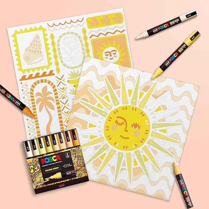 POSCA Canvas Paint by Number Kit, Sunshine Mosaic - 8 Markers with 2 Pre-Drawn Canvases - for All Artists and Holiday Gifting